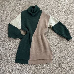 Colorblock Turtleneck Sweater - Green, Brown, and Cream